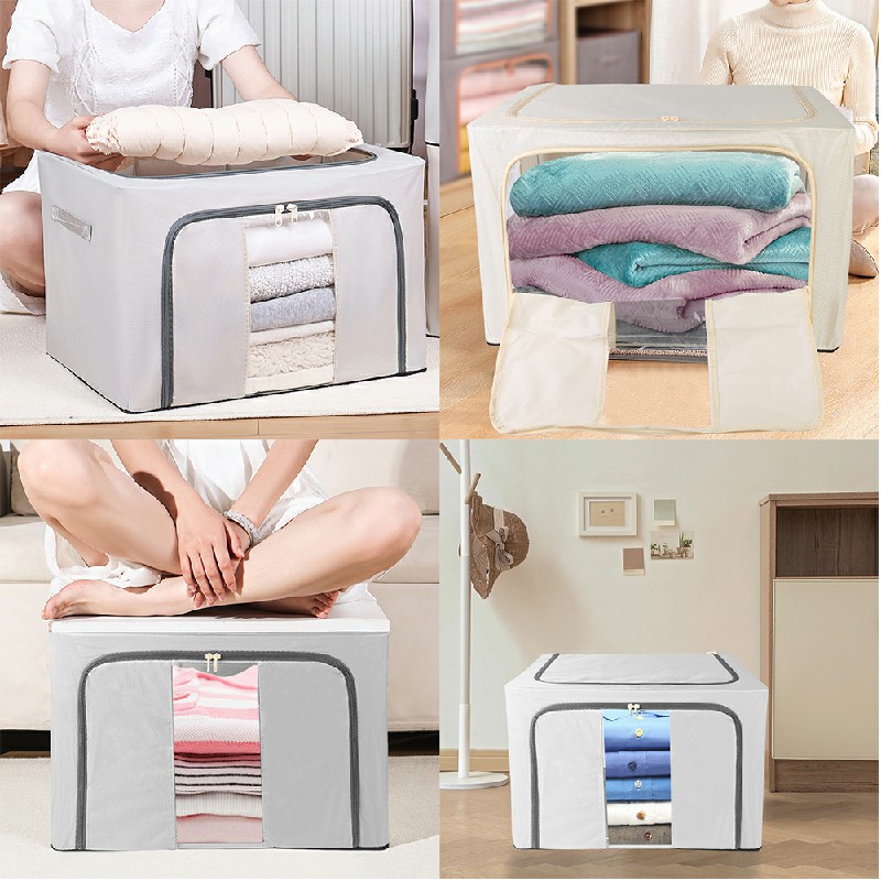 100L Folding Storage Box Thick Fabric Steel Frame Wardrobe Organizer - Grey