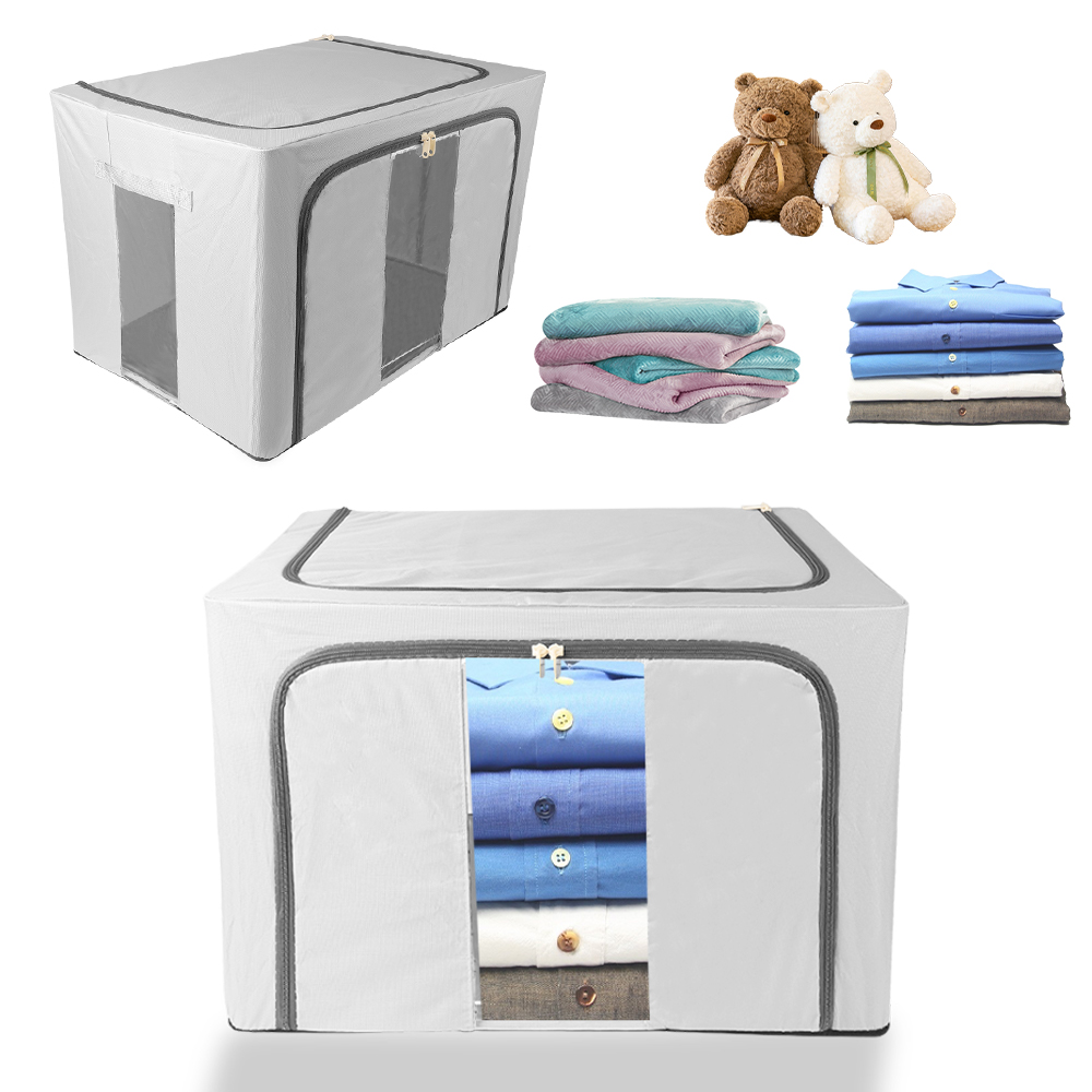 100L Folding Storage Box Thick Fabric Steel Frame Wardrobe Organizer - Grey