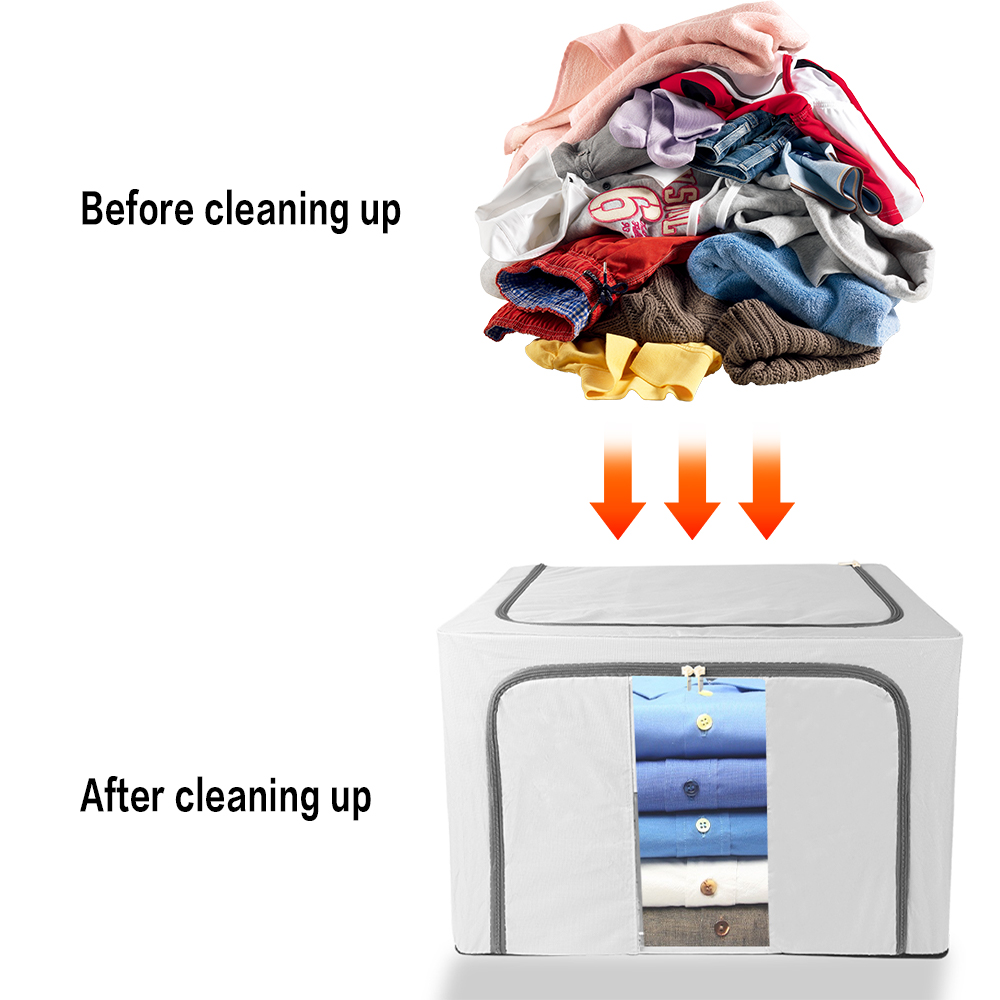 100L Folding Storage Box Thick Fabric Steel Frame Wardrobe Organizer - Grey