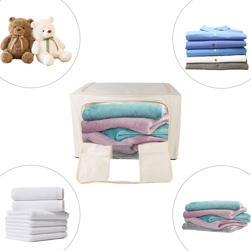 100L Folding Storage Box Thick Fabric Steel Frame Wardrobe Organizer - Khaki