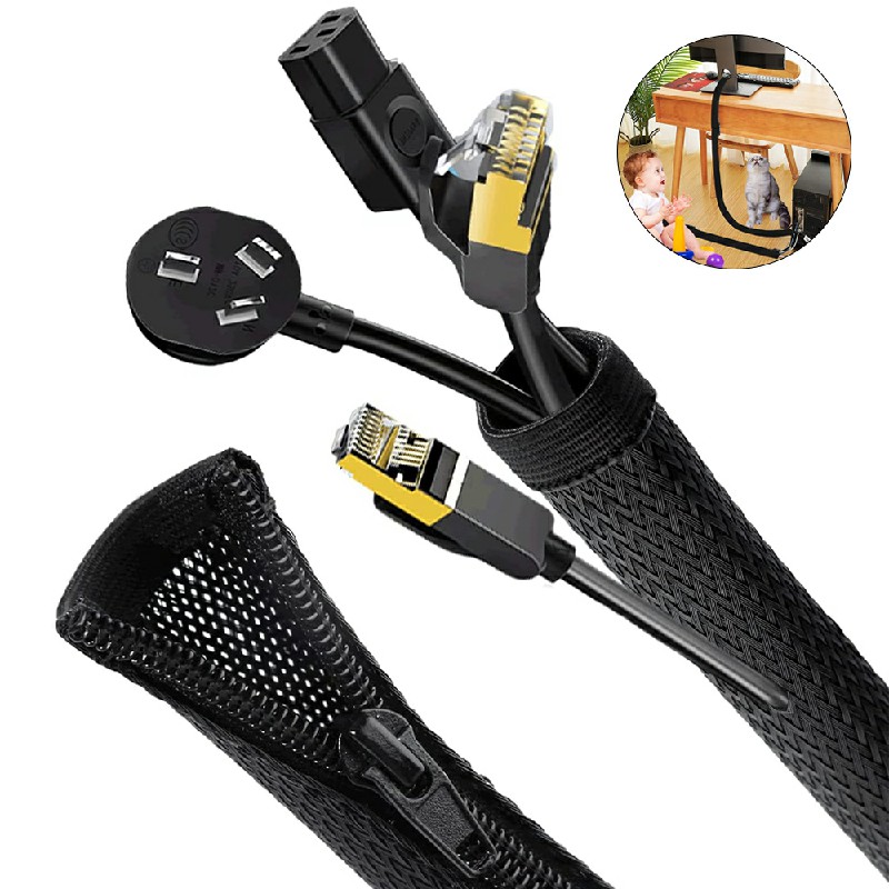 120cm Cable Tidy Zip Sleeve for PC/TV Wire Management Organisers Cable Cover Protector - Black