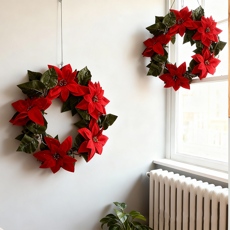 20cm Christmas Door Plastic Wreath with Red Poinsettia Flowers for Festive Decor