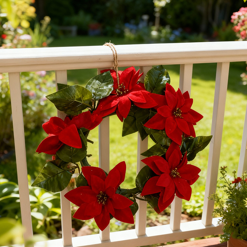 20cm Christmas Plastic Wreath with Red Poinsettia Flowers for Festive Door Decoration