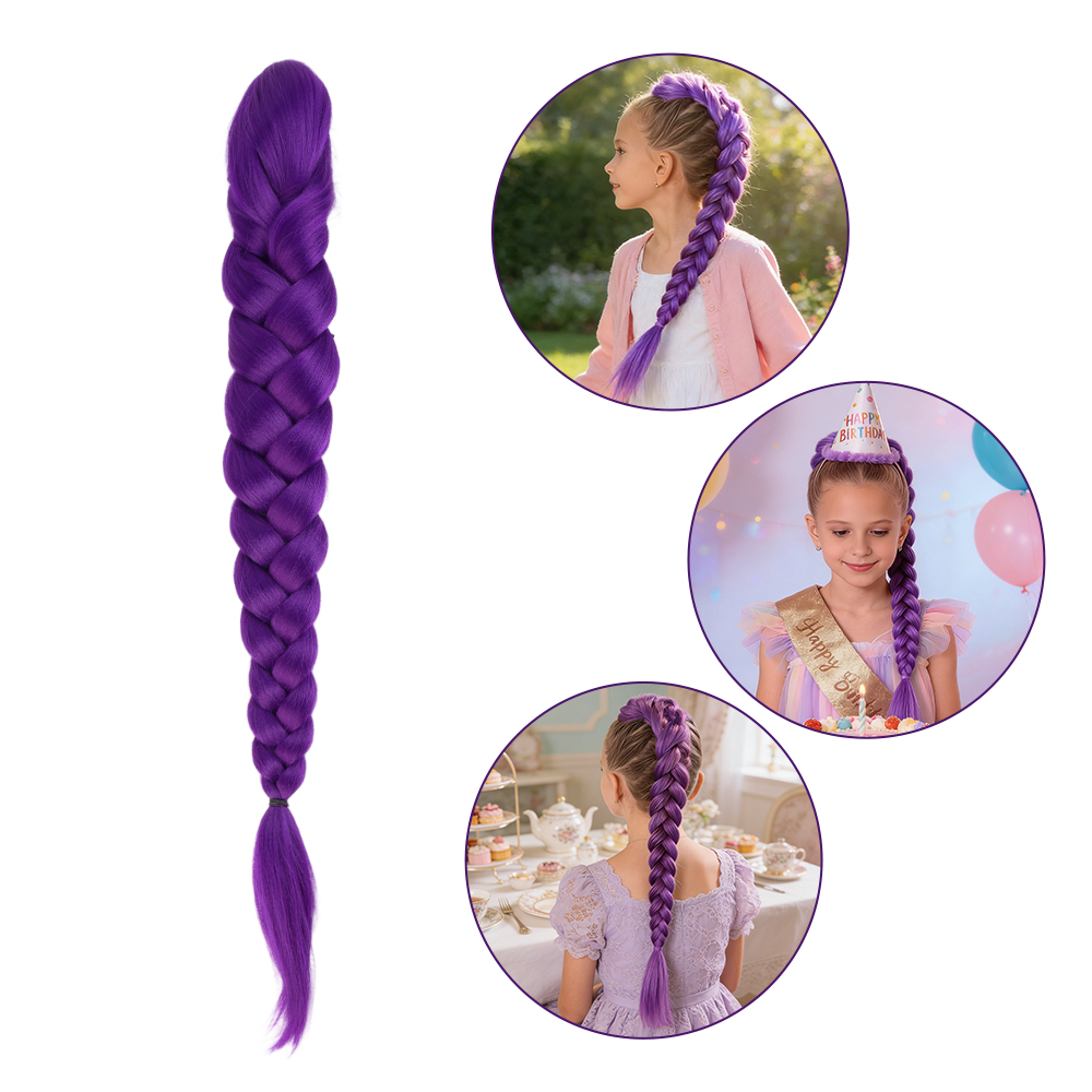 27.5 Inch Claw Clip Purple Braided Wig One Piece Fake Hair Ponytail Hair Extension Easy Install Wig for Halloween Costume Kids Women Cosplay Stage K Pop Party