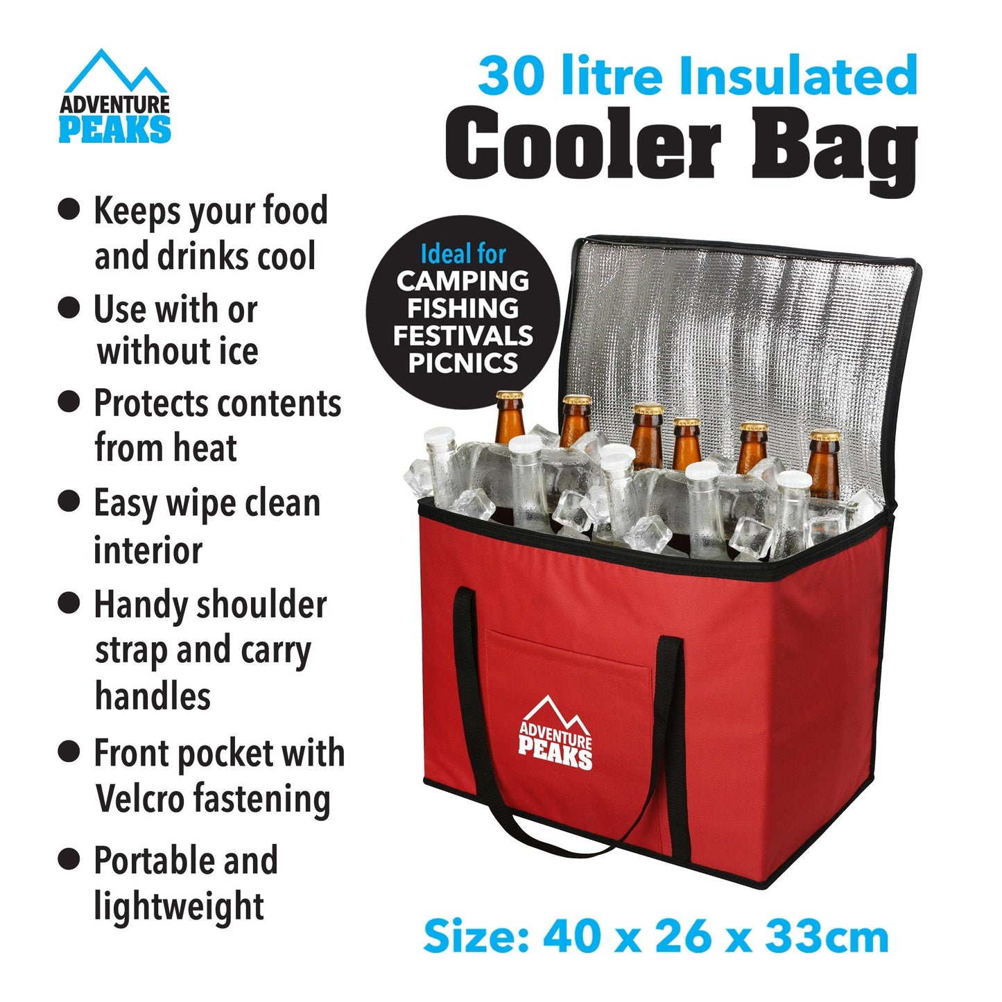 30L Camping Insulated Cooler Bag 40 x 26 x 33cm Red