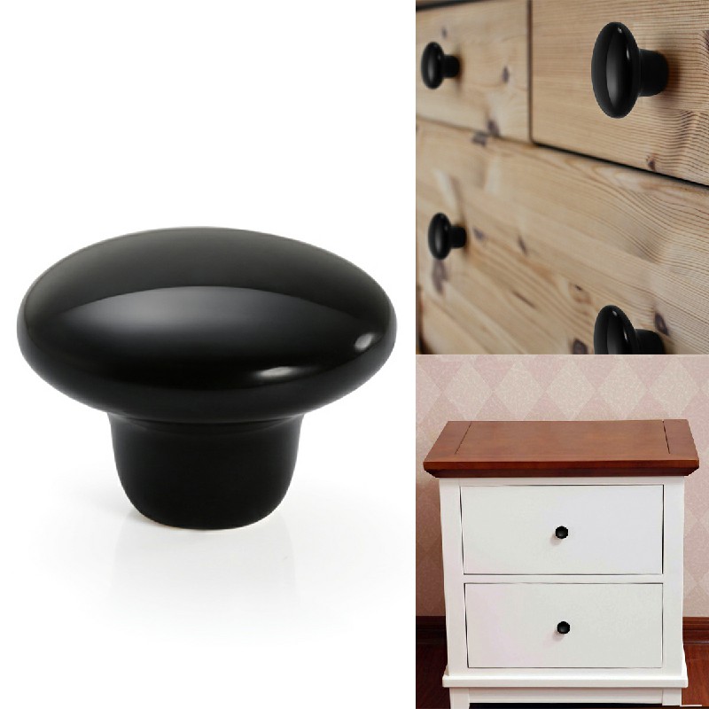 38mm Ceramic Single Hole Cupboard Handles Drawer Pulls Kitchen Cabinet Knobs - Black