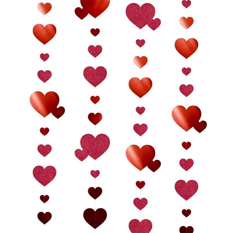 4M Red Love Heart Garland Hanging Double Sided Glitter Metallic Paper Streamer Banner - Double Love