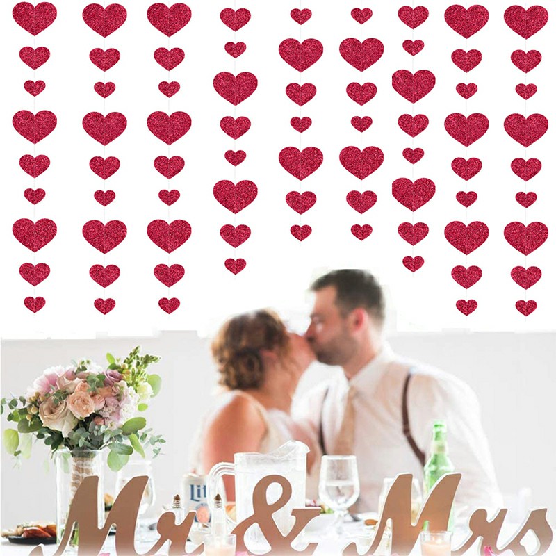 4M Red Love Heart Garland Hanging Double Sided Glitter Metallic Paper Streamer Banner - Single Love