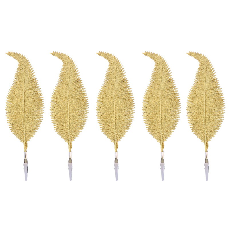 6 pcs Christmas Case Tree Decoration Clip On Feather Glittery Baubles Ornament - Gold
