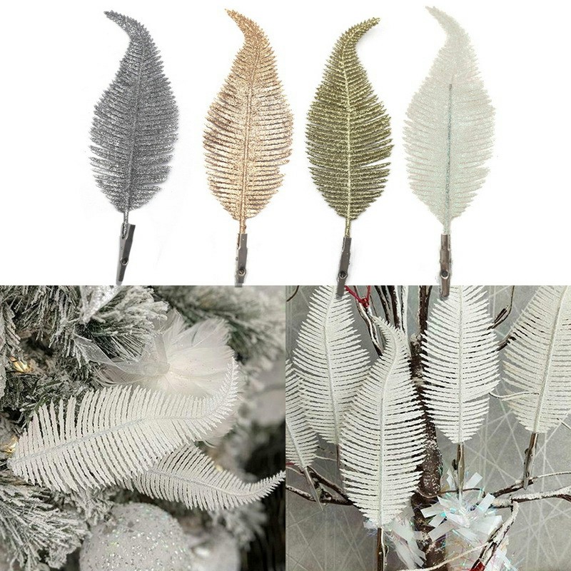 6 pcs Christmas Case Tree Decoration Clip On Feather Glittery Baubles Ornament - Silver