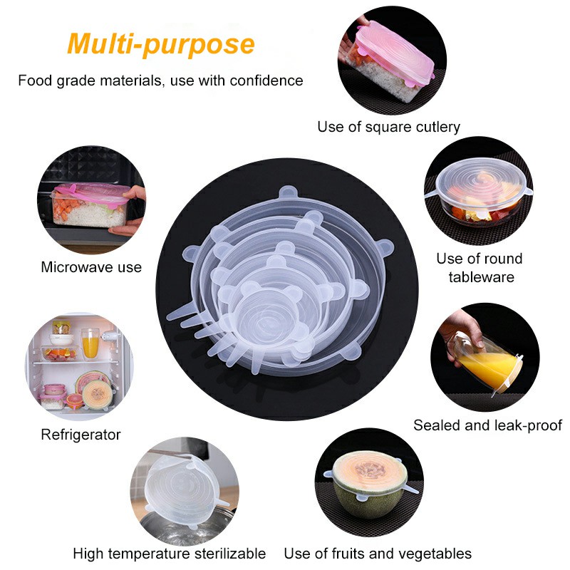 6 pcs Magic Silicone Stretch Lid Reusable Wrap Covers Microwave Oven Compatible - Clear