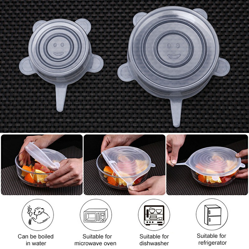 6 pcs Magic Silicone Stretch Lid Reusable Wrap Covers Microwave Oven Compatible - Clear