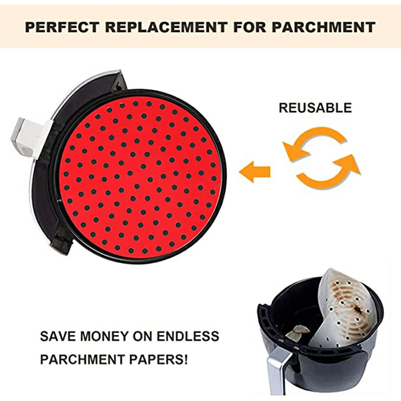 8 inch Reusable Air Fryer Liners Non-Stick Silicone Pad Mat Basket Round - Red