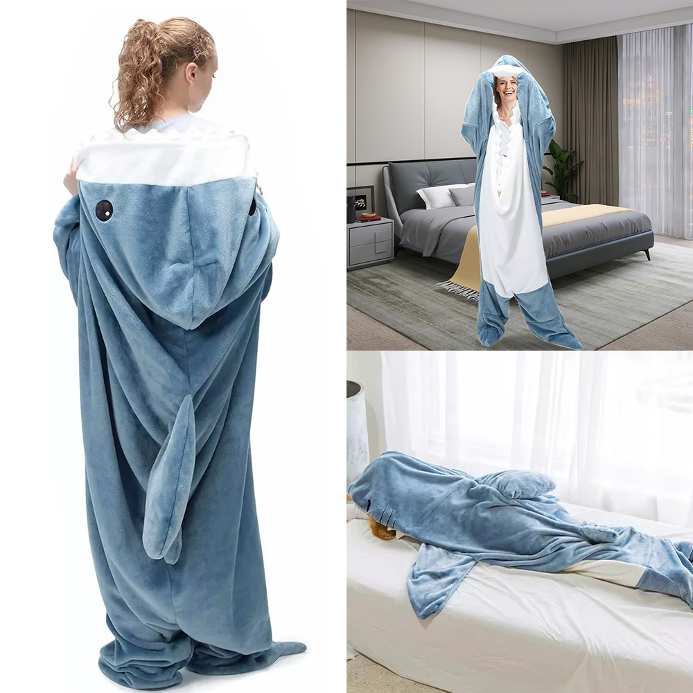 Adult Flannel Wearable Shark Blanket Hoodie Super Soft Cozy Blanket Sleeping Bag - L