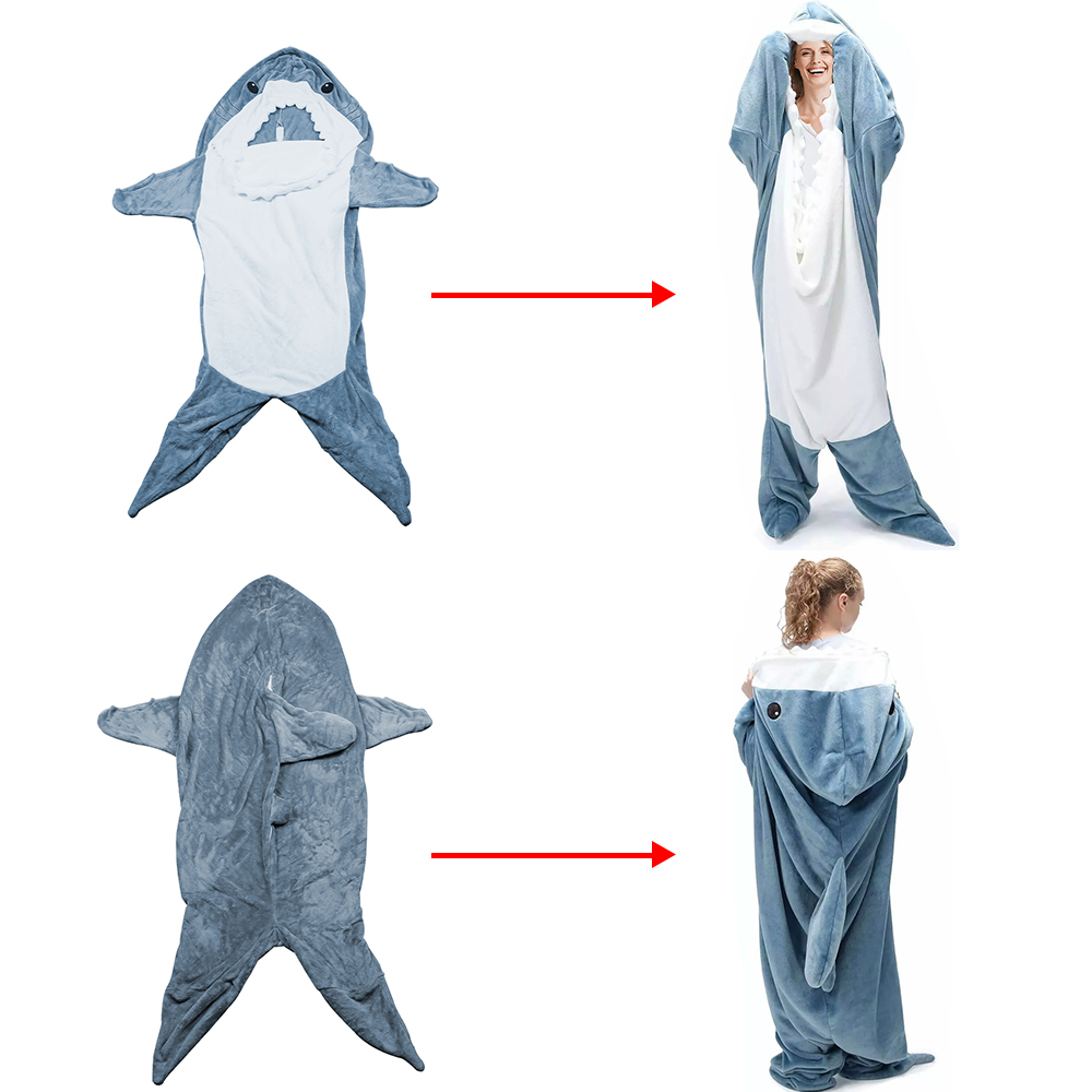 Adult Flannel Wearable Shark Blanket Hoodie Super Soft Cozy Blanket Sleeping Bag - L