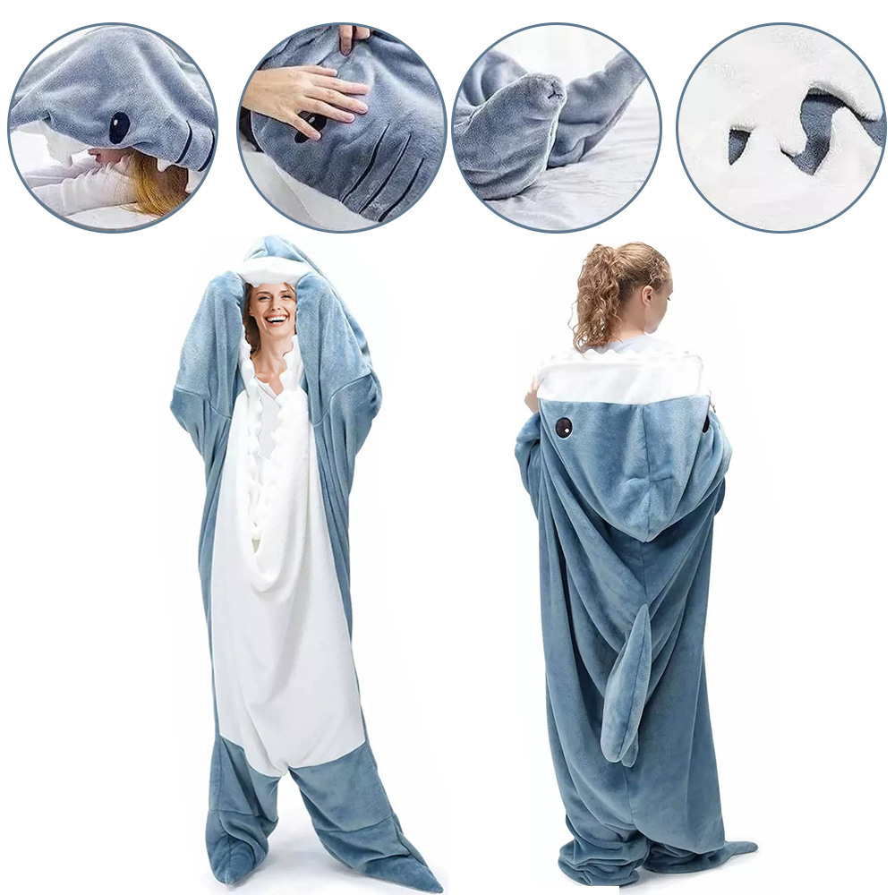 Adult Flannel Wearable Shark Blanket Hoodie Super Soft Cozy Blanket Sleeping Bag - L