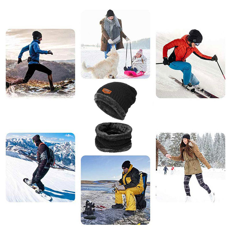 Beanie Hat Scarf Set Neck Cover Winter Warm Fleece Knitted Thick Ski Cap - Black