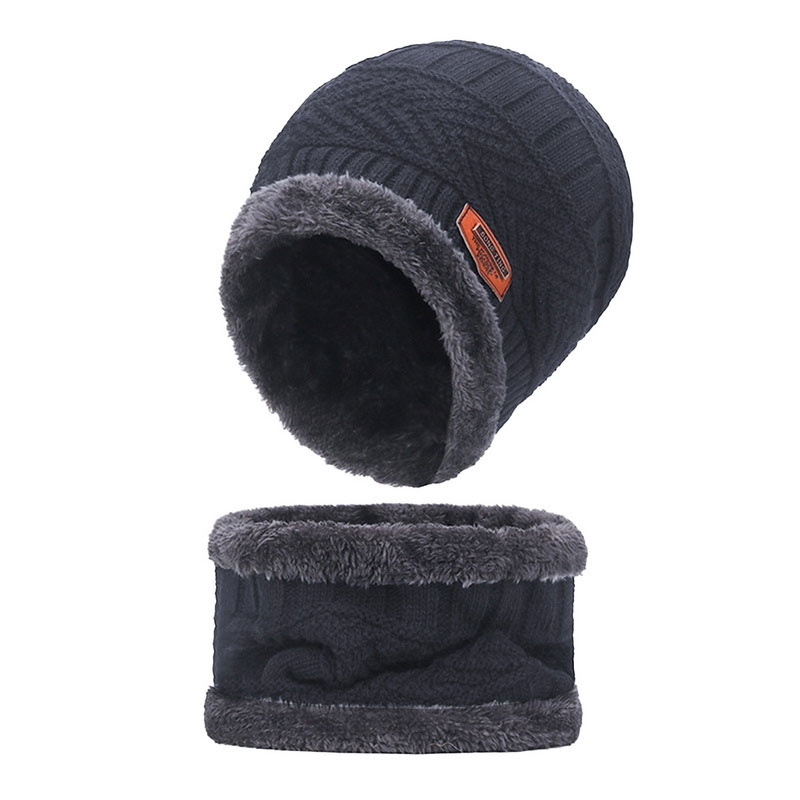 Beanie Hat Scarf Set Neck Cover Winter Warm Fleece Knitted Thick Ski Cap - Grey