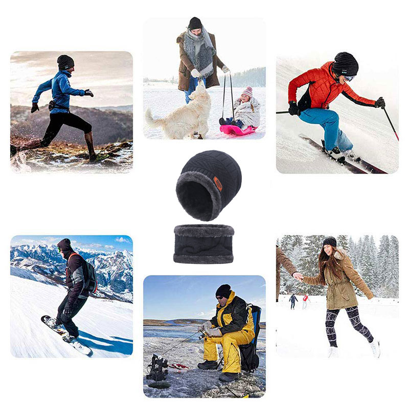 Beanie Hat Scarf Set Neck Cover Winter Warm Fleece Knitted Thick Ski Cap - Grey