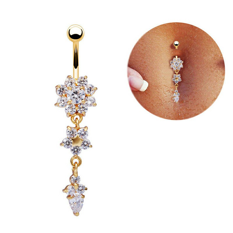 Belly Bars Navel Crystal Drop Button Ring Body Piercing Jewellery - Gold