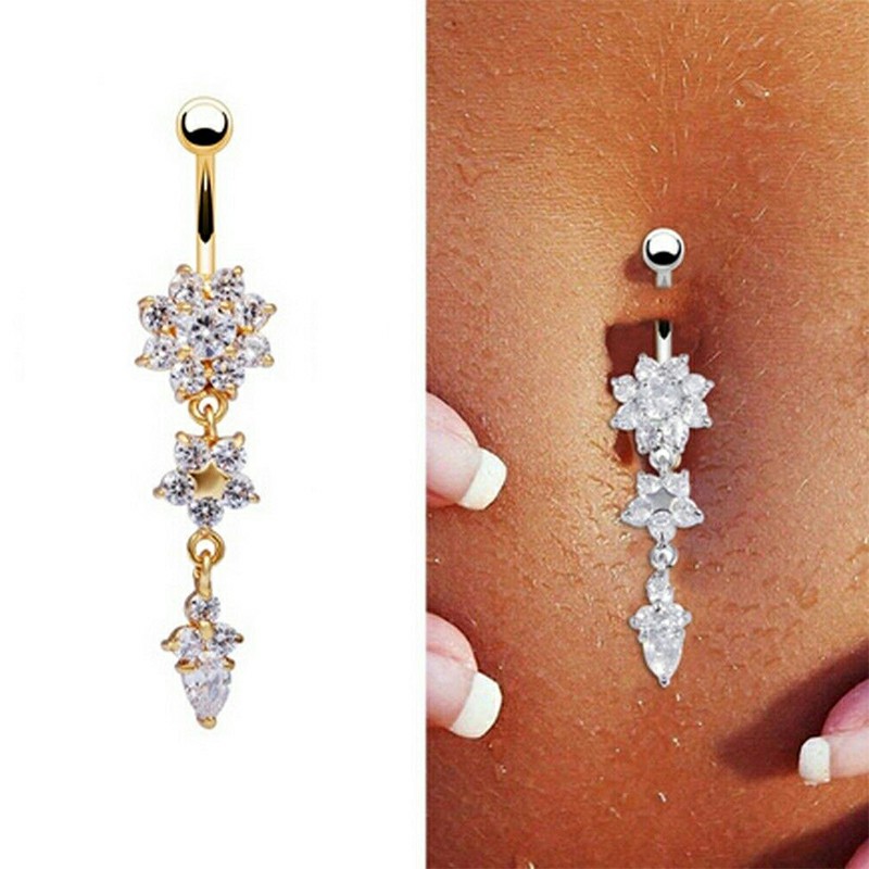 Belly Bars Navel Crystal Drop Button Ring Body Piercing Jewellery - Gold