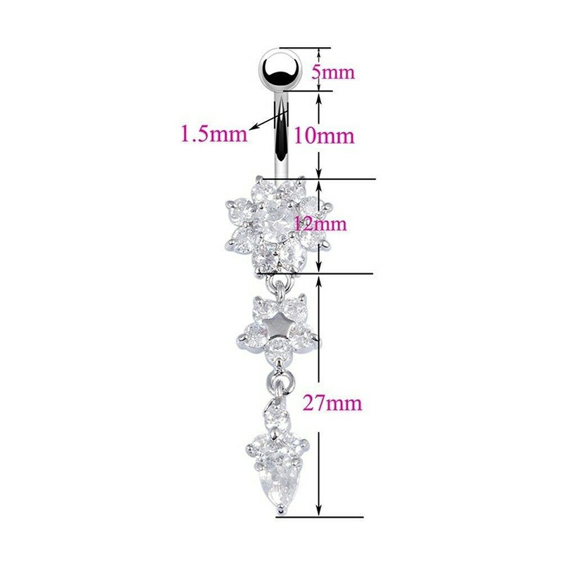 Belly Bars Navel Crystal Drop Button Ring Body Piercing Jewellery - Silver