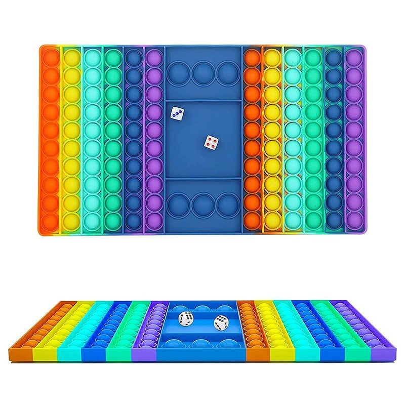 Big Size Push Fidget Rainbow Chess Board Push Bubble Popper Fidget Interactive Stress Relief with Dice - Rainbow