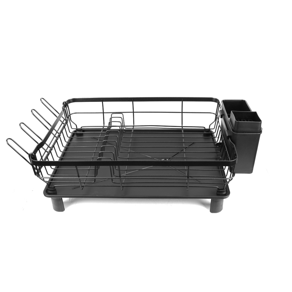 Dish Drying Rack Stainless Steel Dish Drainer with Drip Tray and Utensil Holder - Black