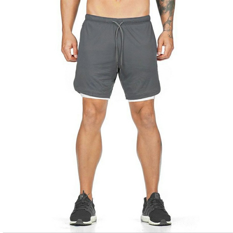 Double Layer Running Training Shorts Fitness Bottoms with Pockets - Grey XL