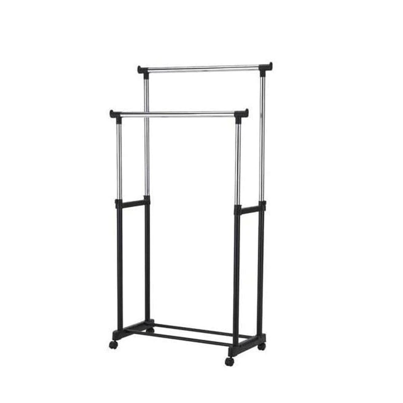 Double Pole Garment Holder Stainless Steel Clothes and Shoes Rack with Wheels Adjustable