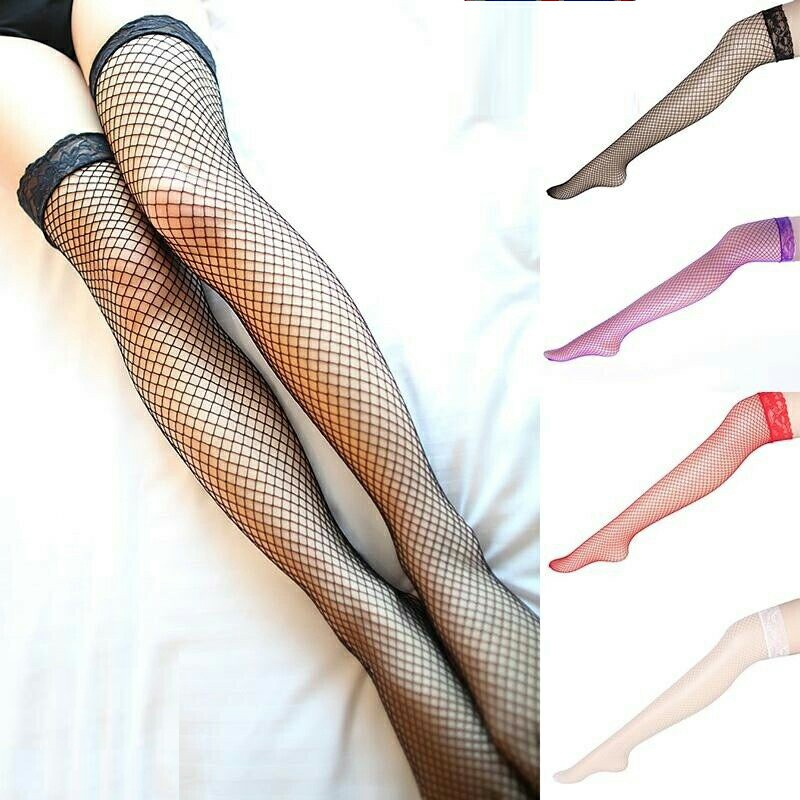 Fishnet Lace Thigh High Sheer Denier Suspender Stockings - White