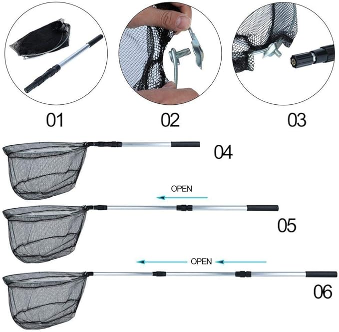 Folding Extending Fishing Net Landing Net Pole Handle 3 Section Telescopic Mesh