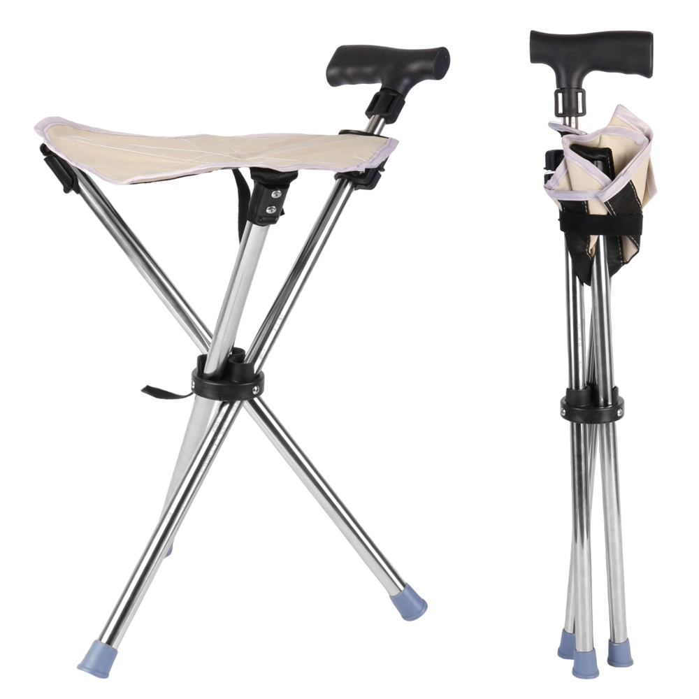 Folding Portable Walking Stick Seat Adjustable Aluminium Cane Chair Stool for Elder Old People Apricot