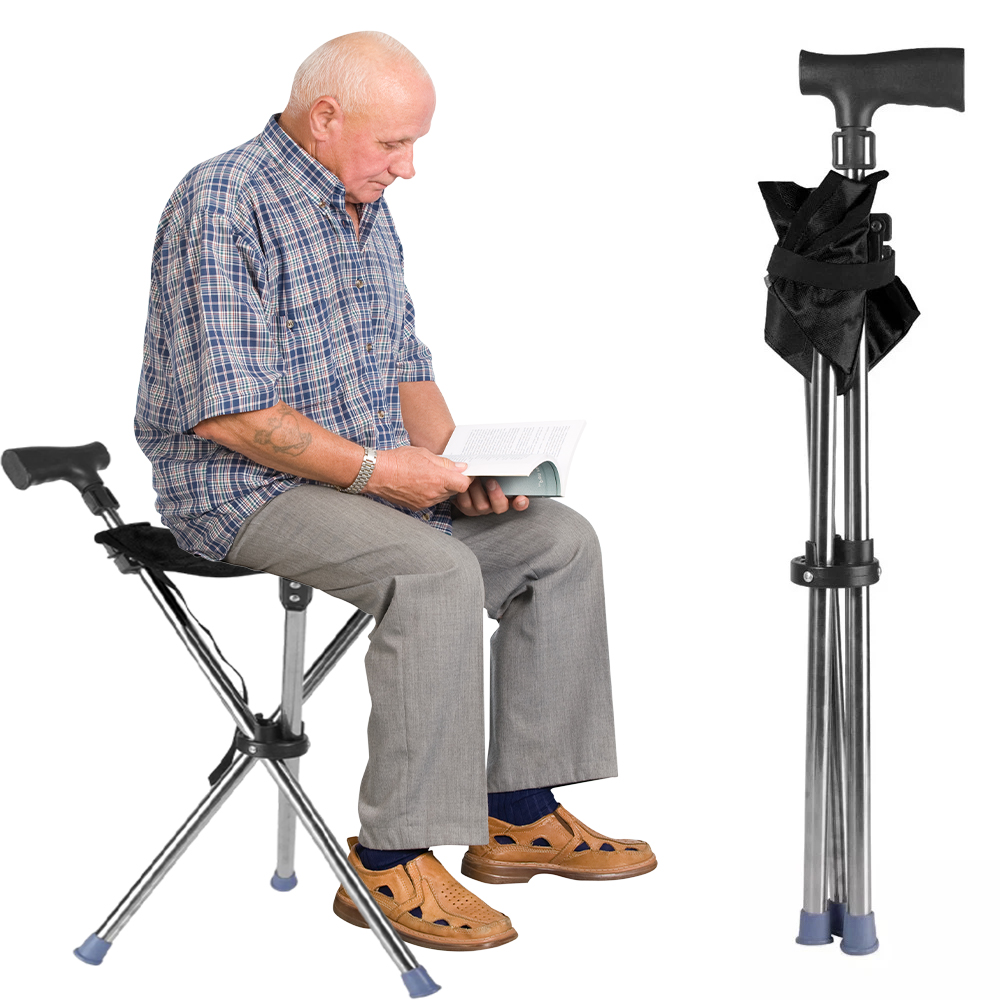 Folding Portable Walking Stick Seat Adjustable Aluminium Cane Chair Stool for Elder Old People Apricot