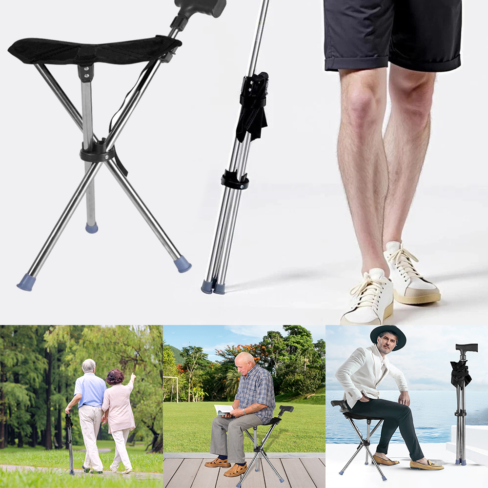 Folding Portable Walking Stick Seat Adjustable Aluminium Cane Chair Stool for Elder Old People Apricot