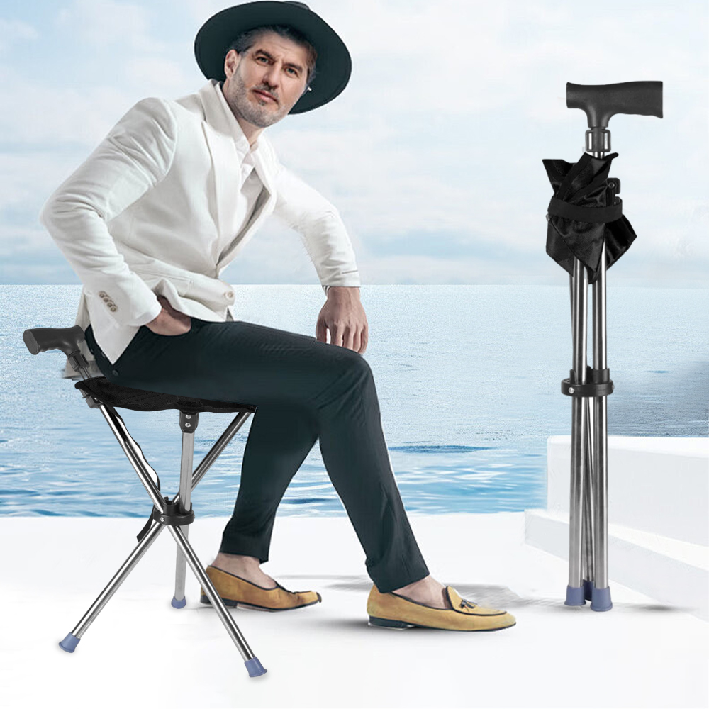 Folding Portable Walking Stick Seat Adjustable Aluminium Cane Chair Stool for Elder Old People Black