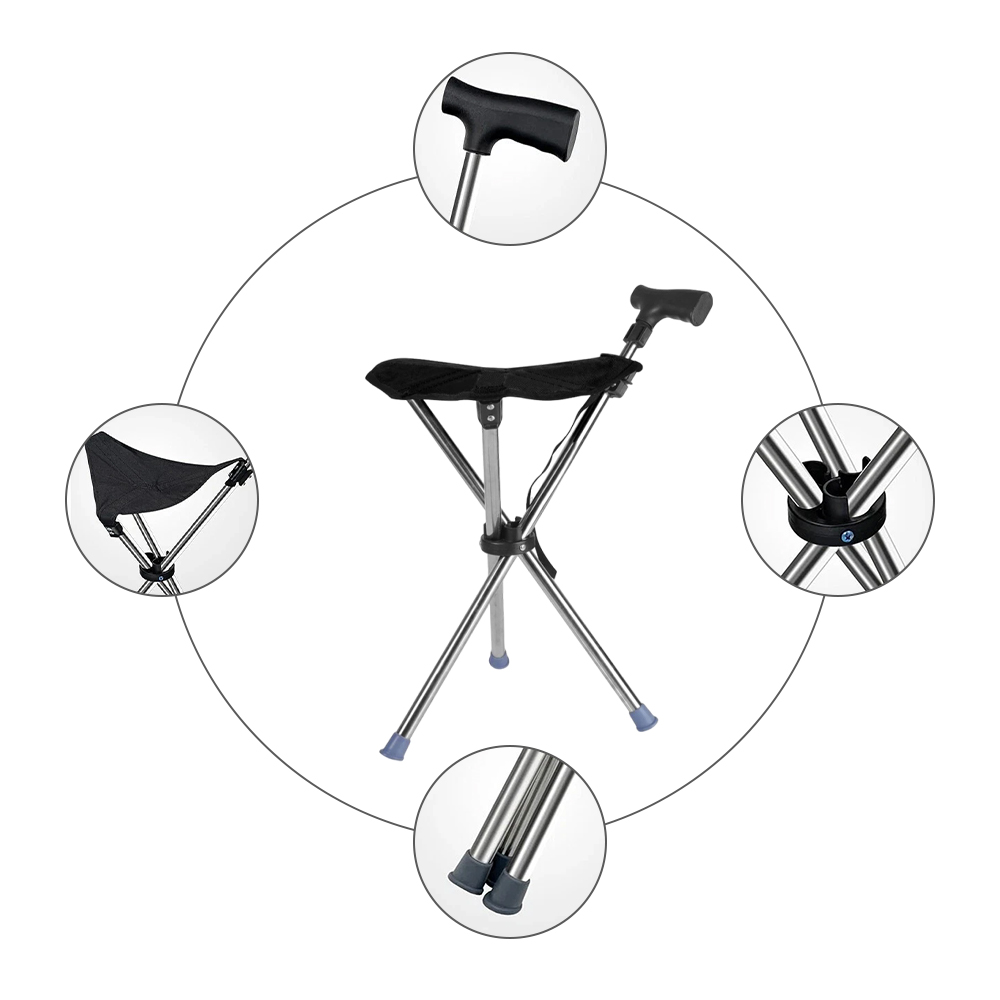 Folding Portable Walking Stick Seat Adjustable Aluminium Cane Chair Stool for Elder Old People Black
