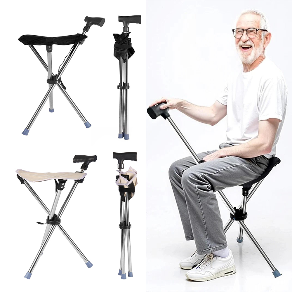 Folding Portable Walking Stick Seat Adjustable Aluminium Cane Chair Stool for Elder Old People Black