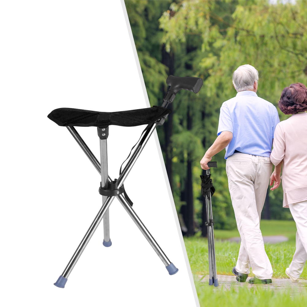 Folding Portable Walking Stick Seat Adjustable Aluminium Cane Chair Stool for Elder Old People Black