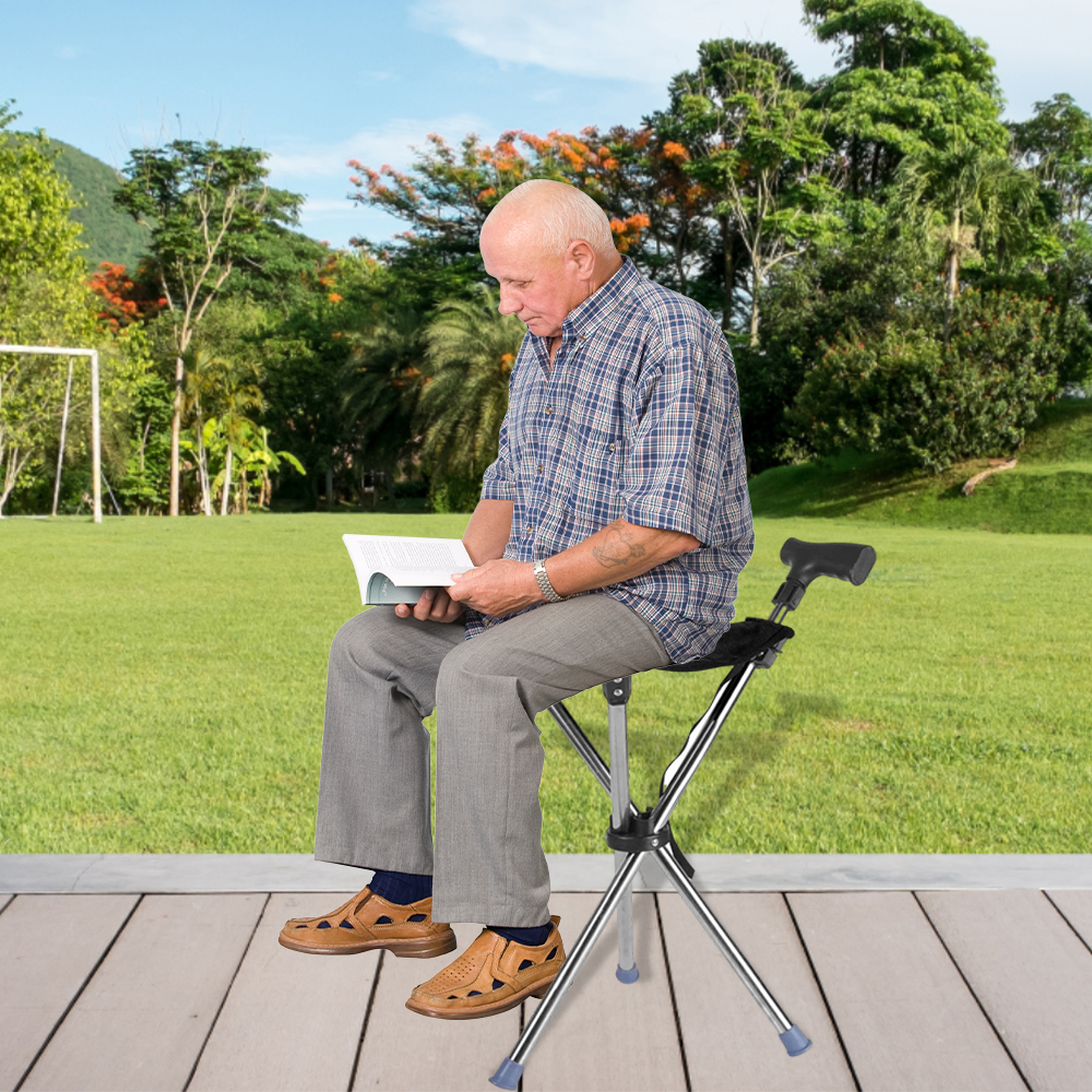 Folding Portable Walking Stick Seat Adjustable Aluminium Cane Chair Stool for Elder Old People Black