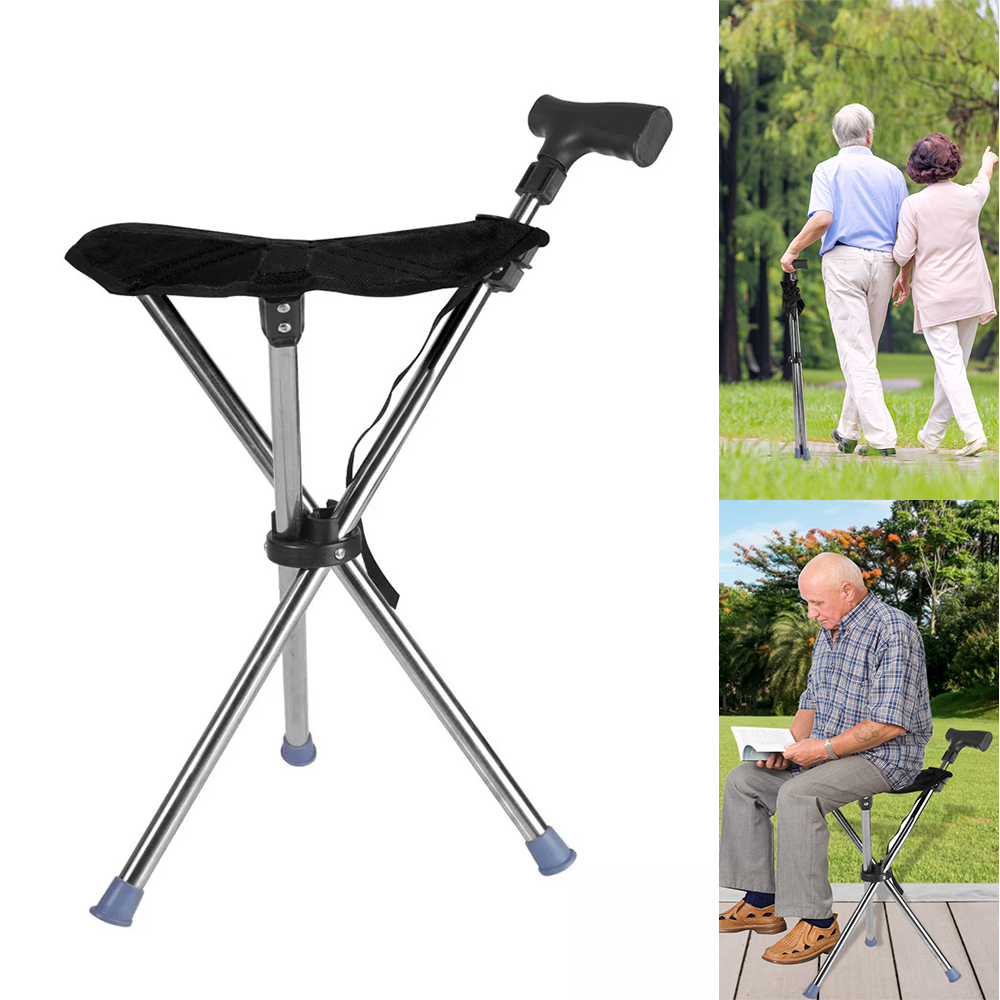 Folding Portable Walking Stick Seat Adjustable Aluminium Cane Chair Stool for Elder Old People Black