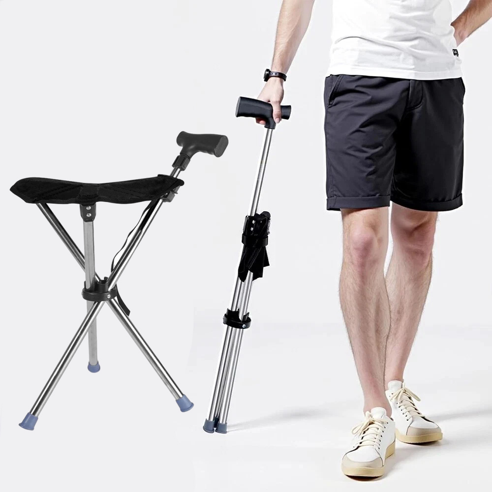 Folding Portable Walking Stick Seat Adjustable Aluminium Cane Chair Stool for Elder Old People Black