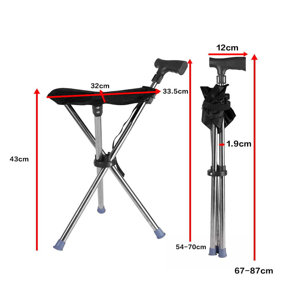 Folding Portable Walking Stick Seat Adjustable Aluminium Cane Chair Stool for Elder Old People Black
