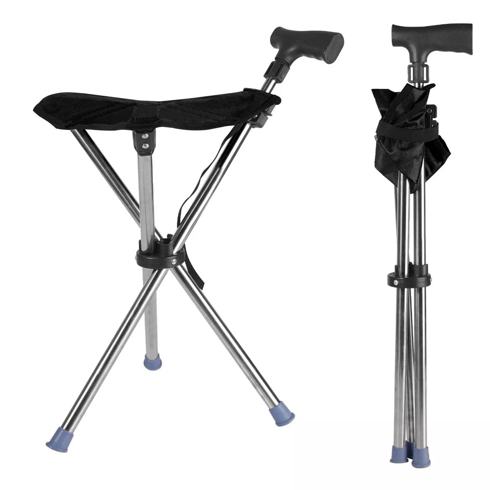 Folding Portable Walking Stick Seat Adjustable Aluminium Cane Chair Stool for Elder Old People Black