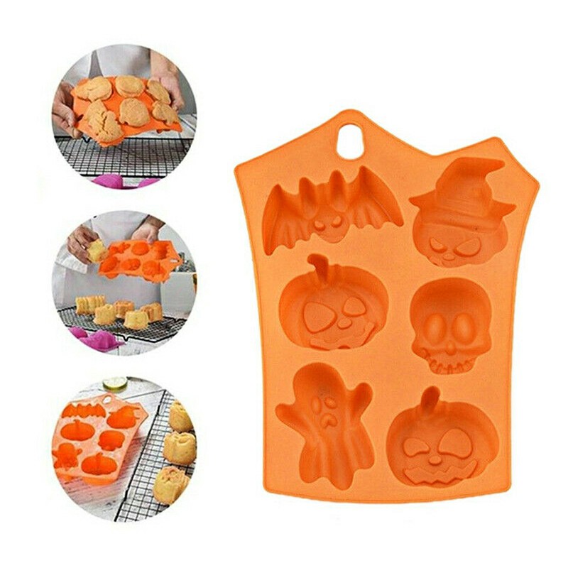 Halloween 6 Pumpkin Ghost Face Bat Skull Silicone Mould Cake Soap Candle Craft