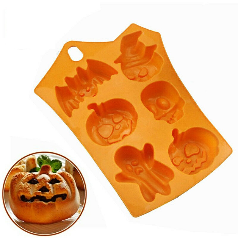Halloween 6 Pumpkin Ghost Face Bat Skull Silicone Mould Cake Soap Candle Craft