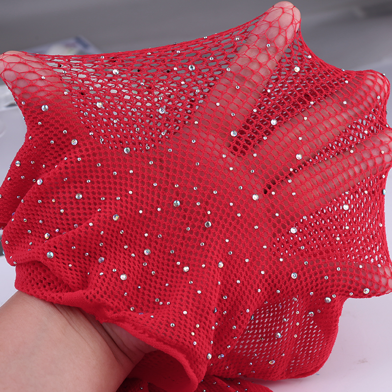 Hot Fishnet Bodysuit Sparkle Rhinestone Long Sleeve Tops Mesh Nightwear - Red