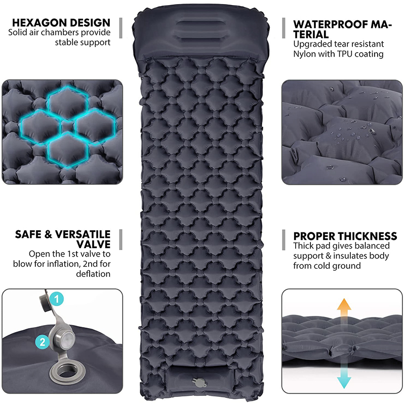 Integrated Foot Pump Portable Inflatable Camping Sleeping Mat with Pillow - Dark Blue
