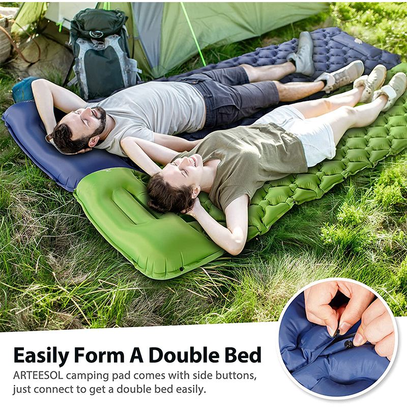 Integrated Foot Pump Portable Inflatable Camping Sleeping Mat with Pillow - Navy Blue