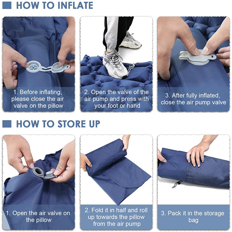 Integrated Foot Pump Portable Inflatable Camping Sleeping Mat with Pillow - Navy Blue